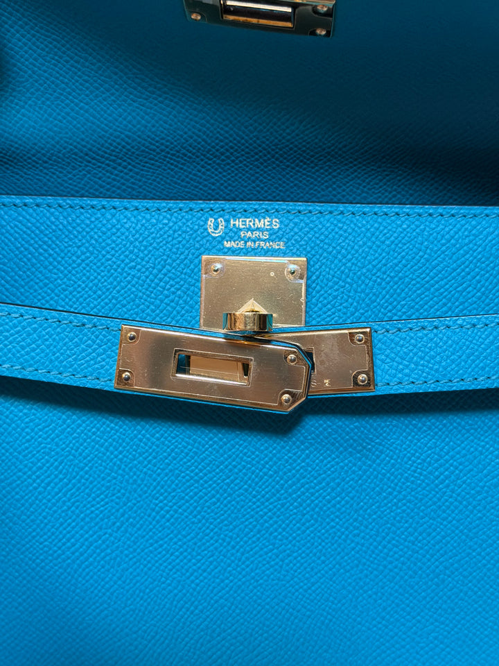 Hermes Kelly 28 Sellier Epsom Leather SO Bleu Paon GHW Stamp D 2019