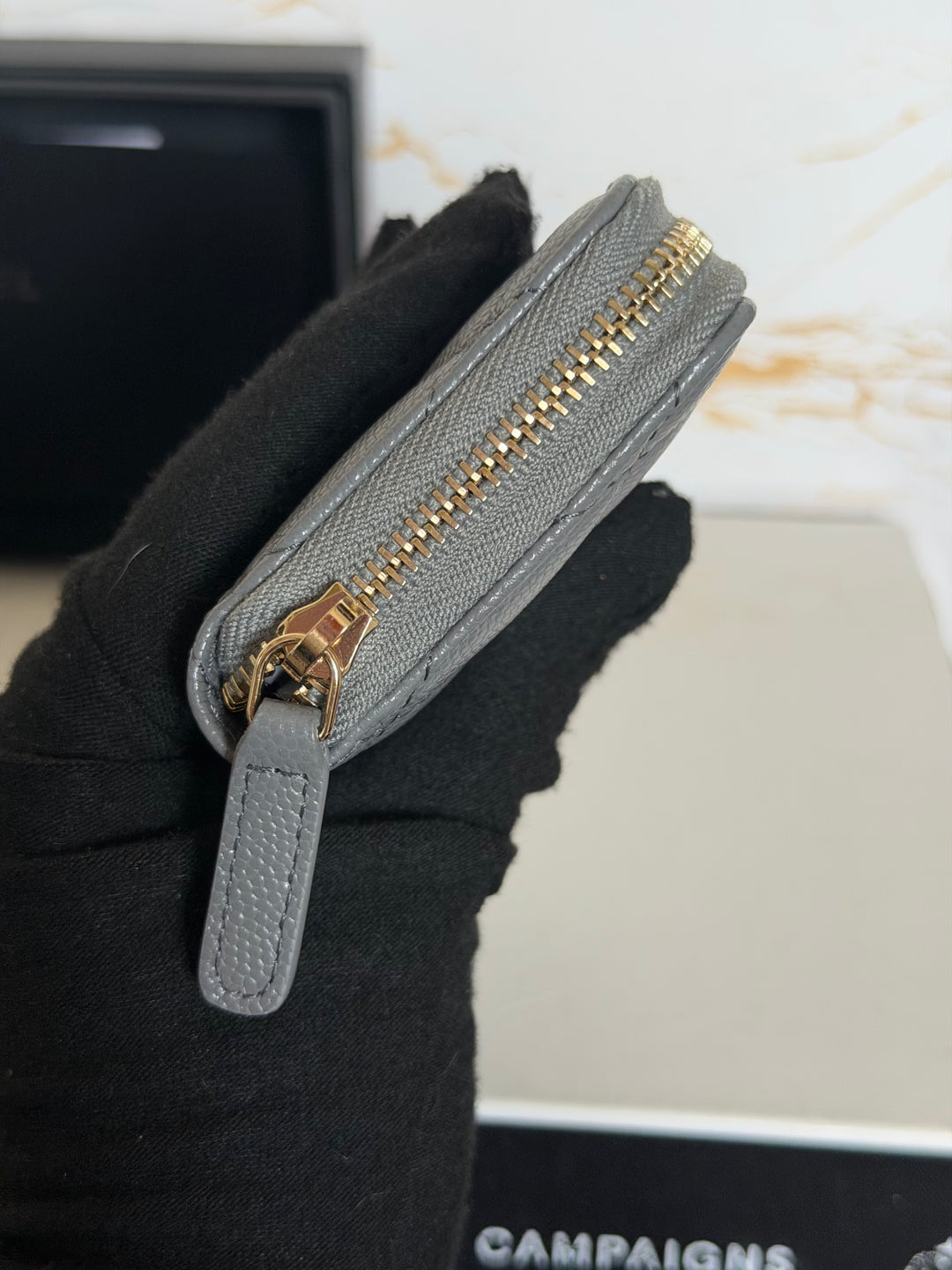 CHANEL 21K 2021 Grey Caviar Big Logo Zippy Coin Purse LGHW