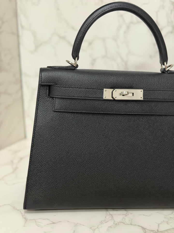 HERMES Black Noir Sellier Epsom Leather PHW Kelly 28 Stamp R 2014
