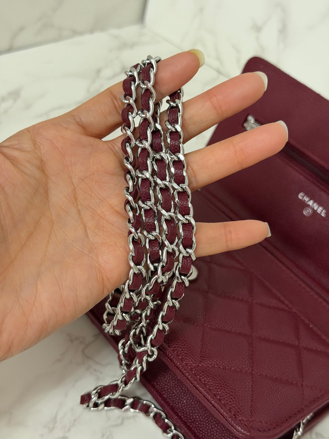 CHANEL 2024 Burgundy Caviar SHW Classic Wallet on chain (WOC) with crystal CC Logo