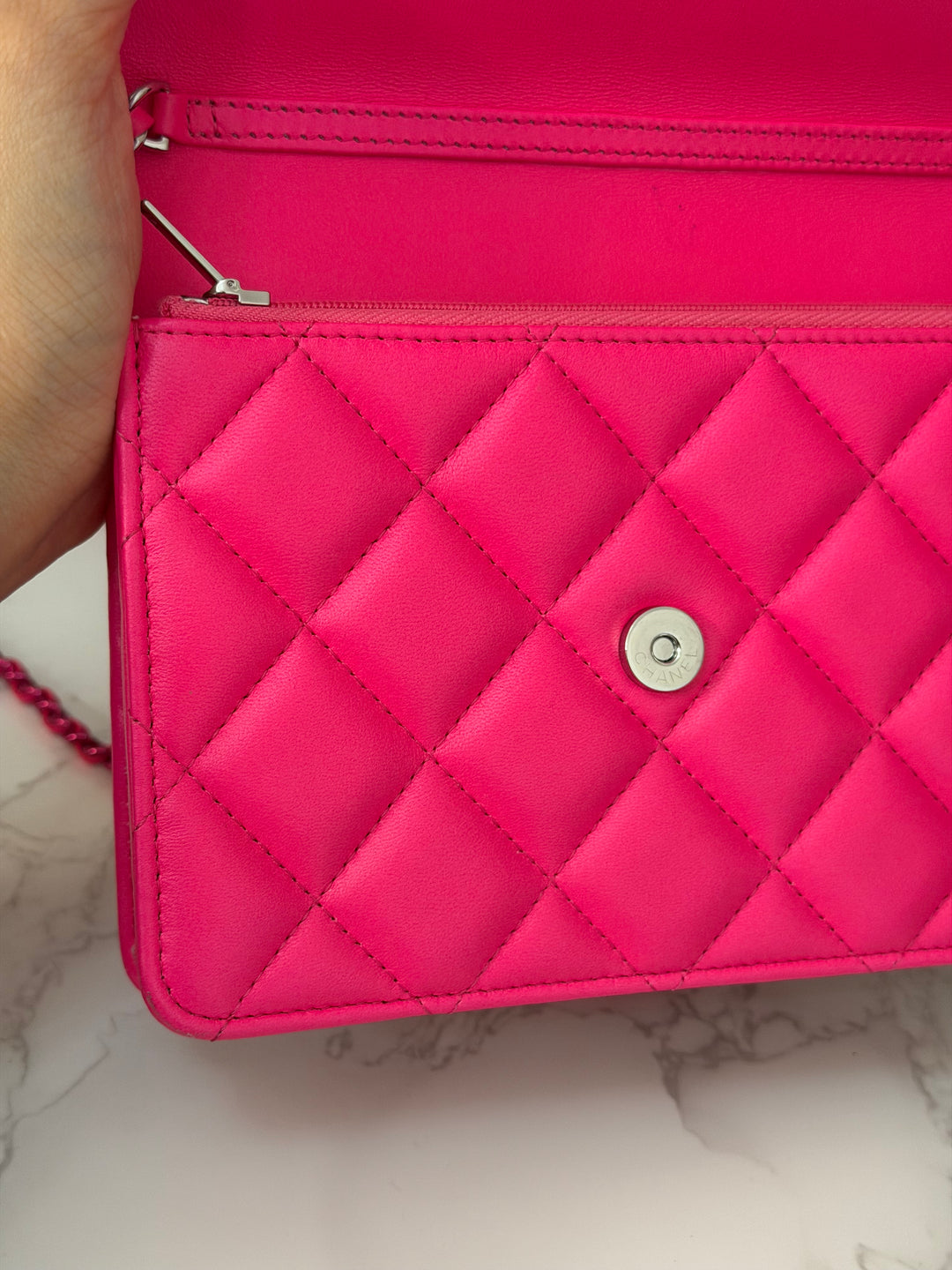CHANEL 24C 2023/2024 Bright Hot Pink Ombré Hardware Square Wallet on Chain (WOC)
