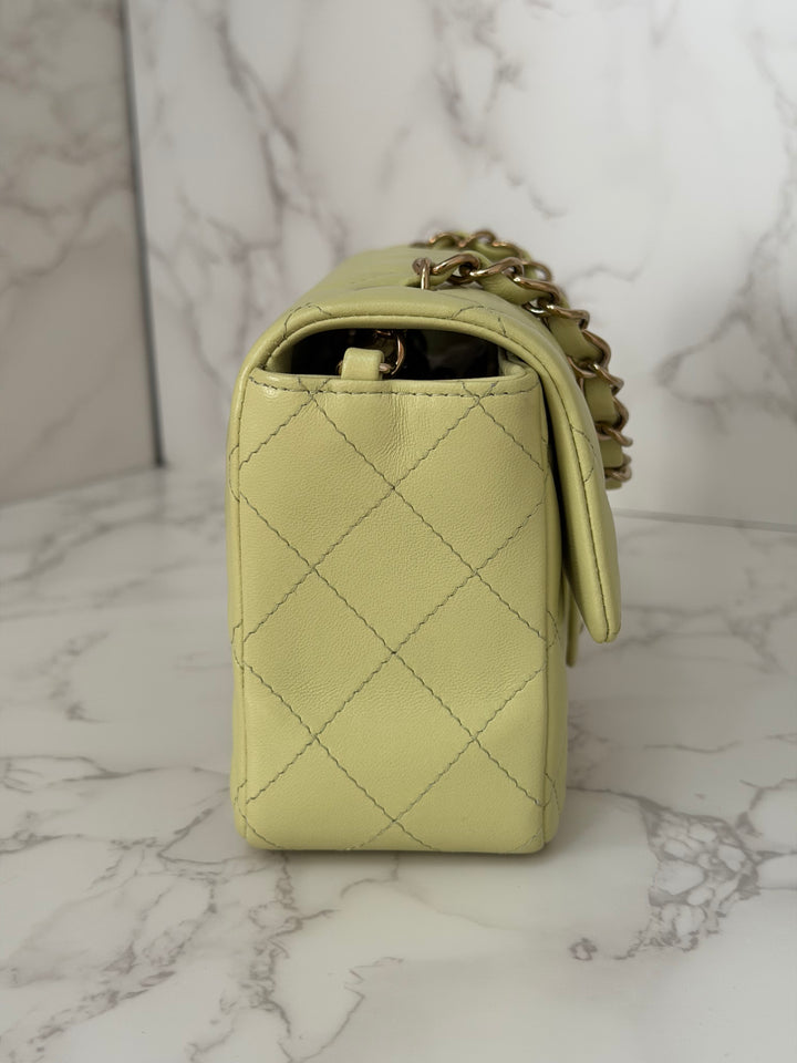 CHANEL 23C Collection 2022/2023 Cruise Pistachio Green Lambskin Mini Rectangular Flap Bag with Champagne GHW