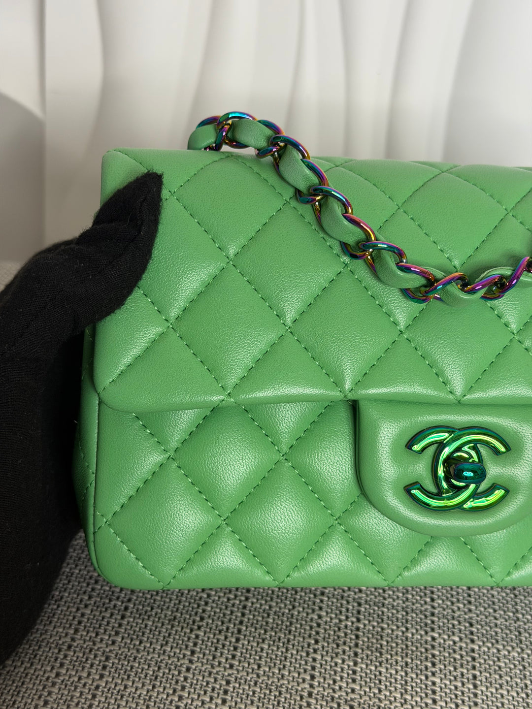 CHANEL series 31 21P Two Tone Green Blue Lambskin Rainbow Iridescent Hardware Mini Rectangular Flap Bag 2021