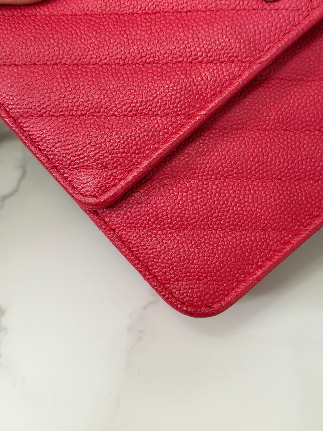 CHANEL series 25 2018 Dark pink chevron caviar SHW Square Wallet On Chain (WOC)