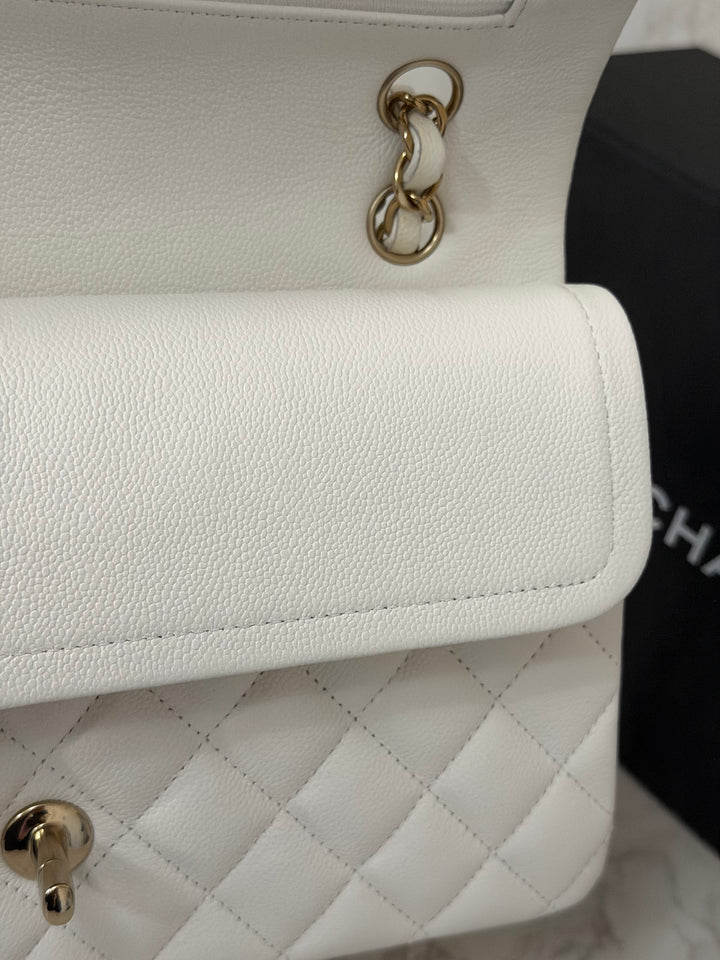 CHANEL 2023 White Caviar LGHW Medium ML Timeless Classic Double Flap Bag