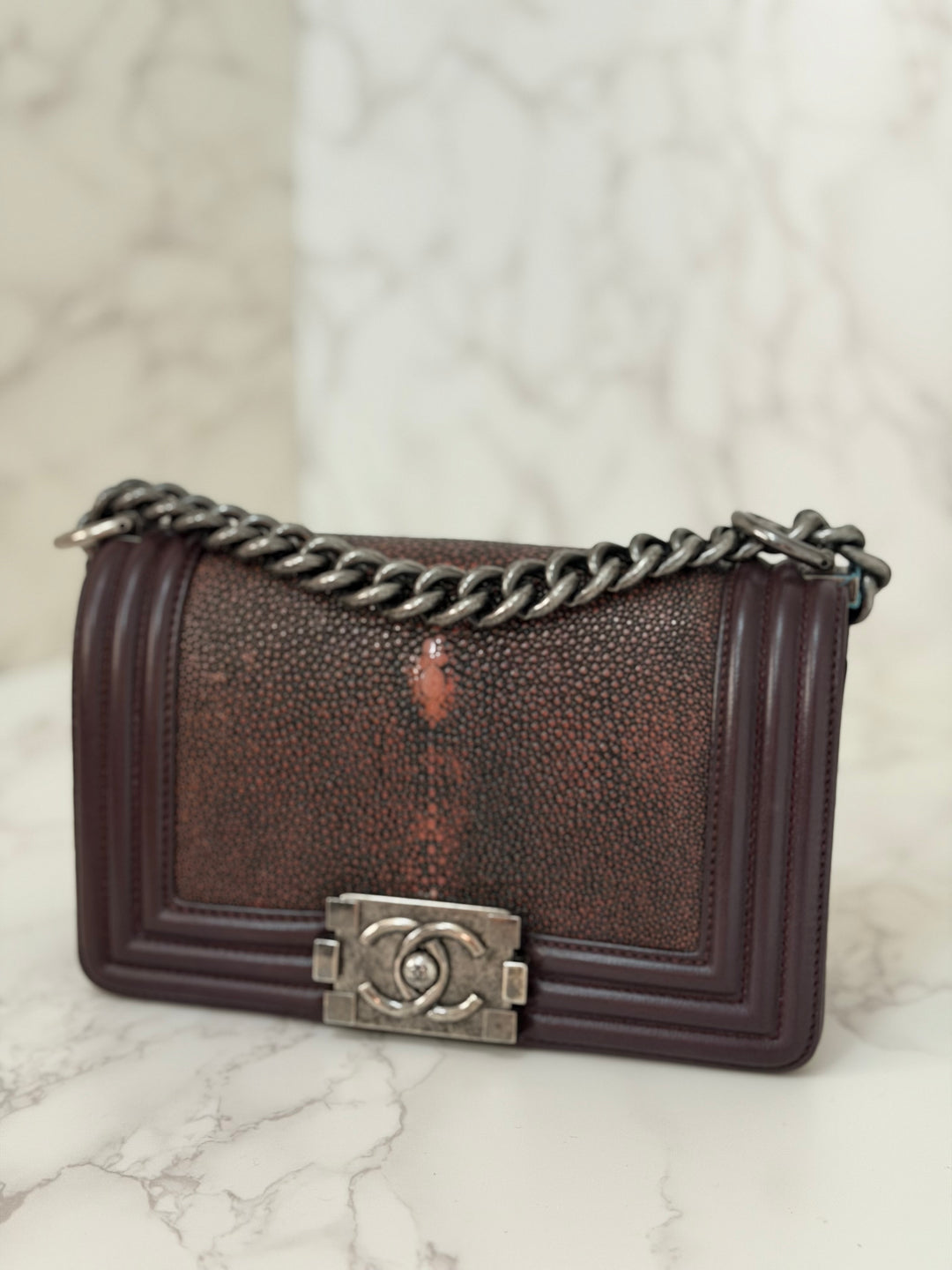 Chanel series 21 2015 Burgundy Lambskin Stingray SMALL Le Boy Flap Bag with Ruthenium HW