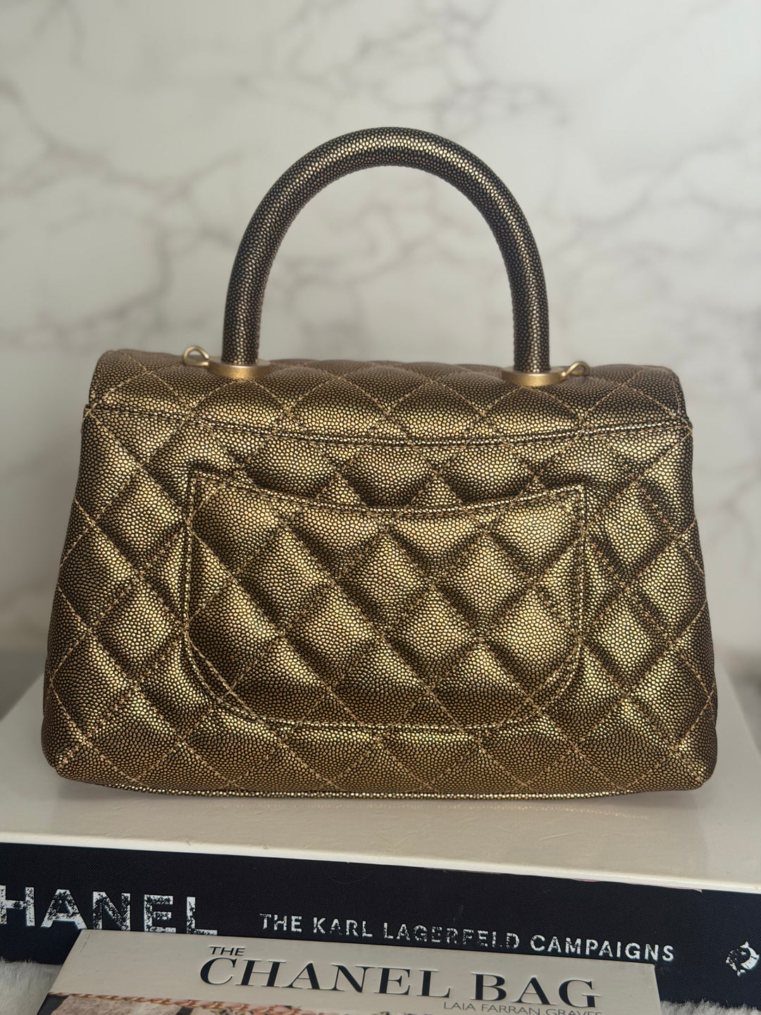 CHANEL series 28 19A Metallic Bronze Gold Caviar Aged GHW Coco Handle Flap Bag size SMALL with detachable shoulder strap 2019