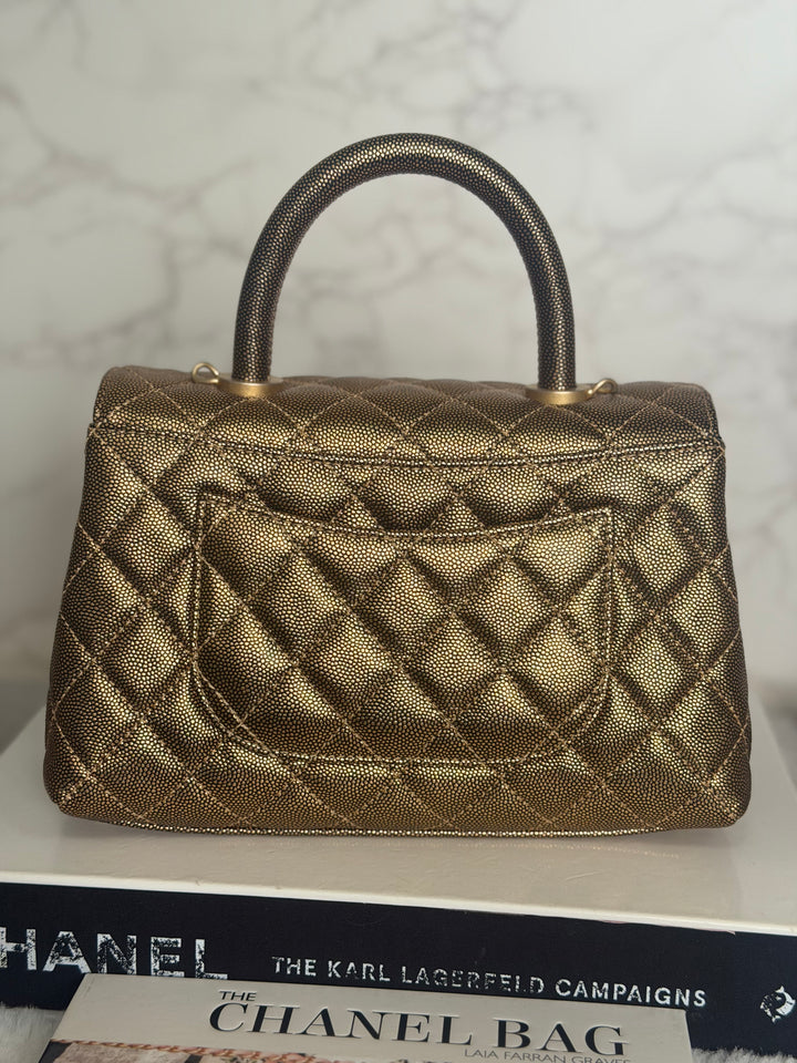 CHANEL series 28 19A Metallic Bronze Gold Caviar Aged GHW Coco Handle Flap Bag size SMALL with detachable shoulder strap 2019