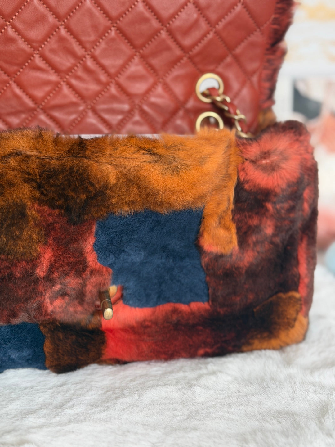 CHANEL series 28 Orylag Red Orange Navy Fur Flap Bag with GHW Medium Single Flap Bag 2018