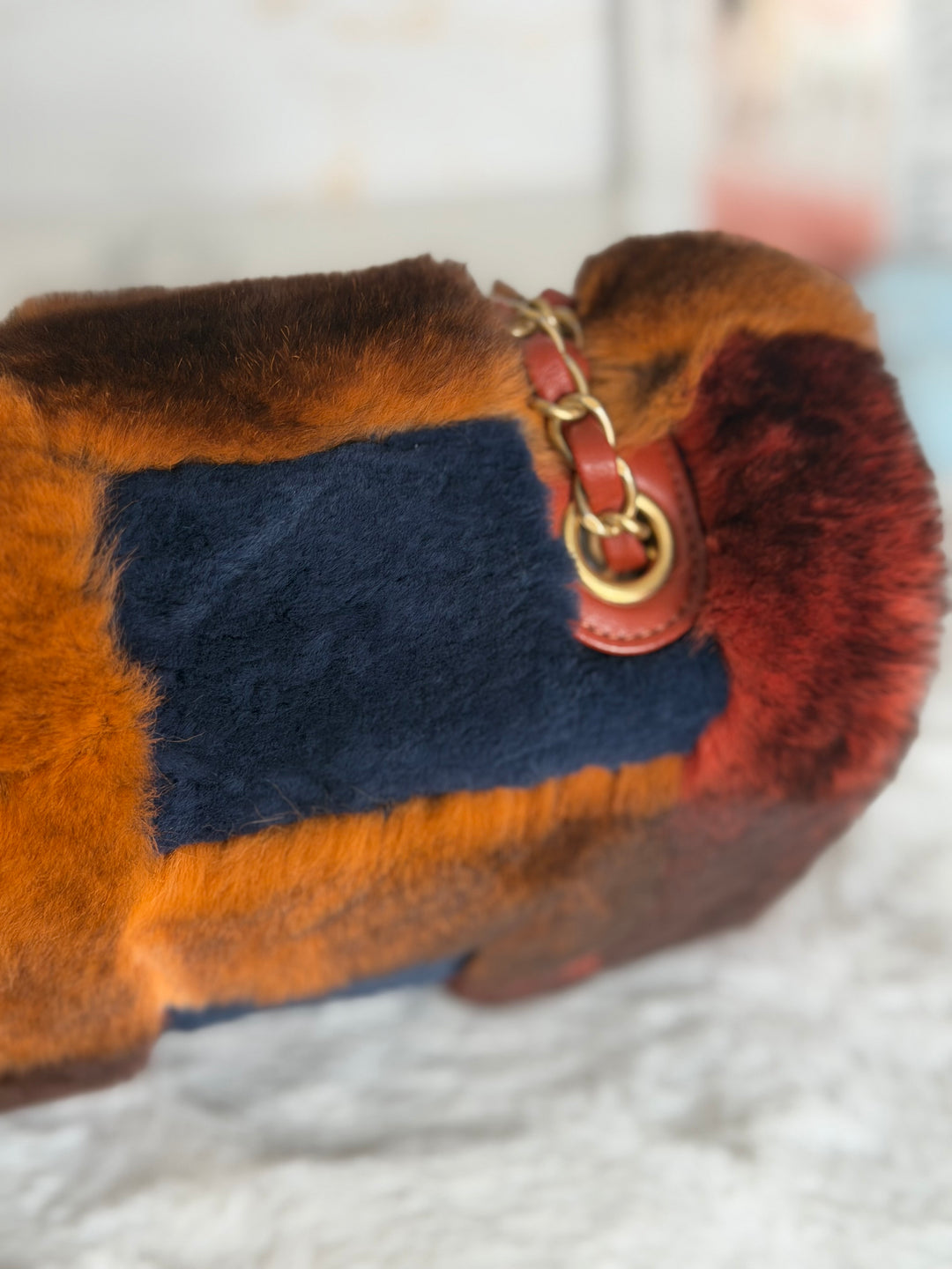 CHANEL series 28 Orylag Red Orange Navy Fur Flap Bag with GHW Medium Single Flap Bag 2018