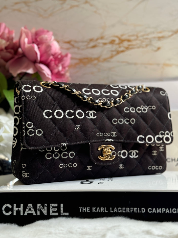 Chanel series 7 2002/2003 Black Canvas Quilted COCO Medium Classic Flap Light Gold Hardware