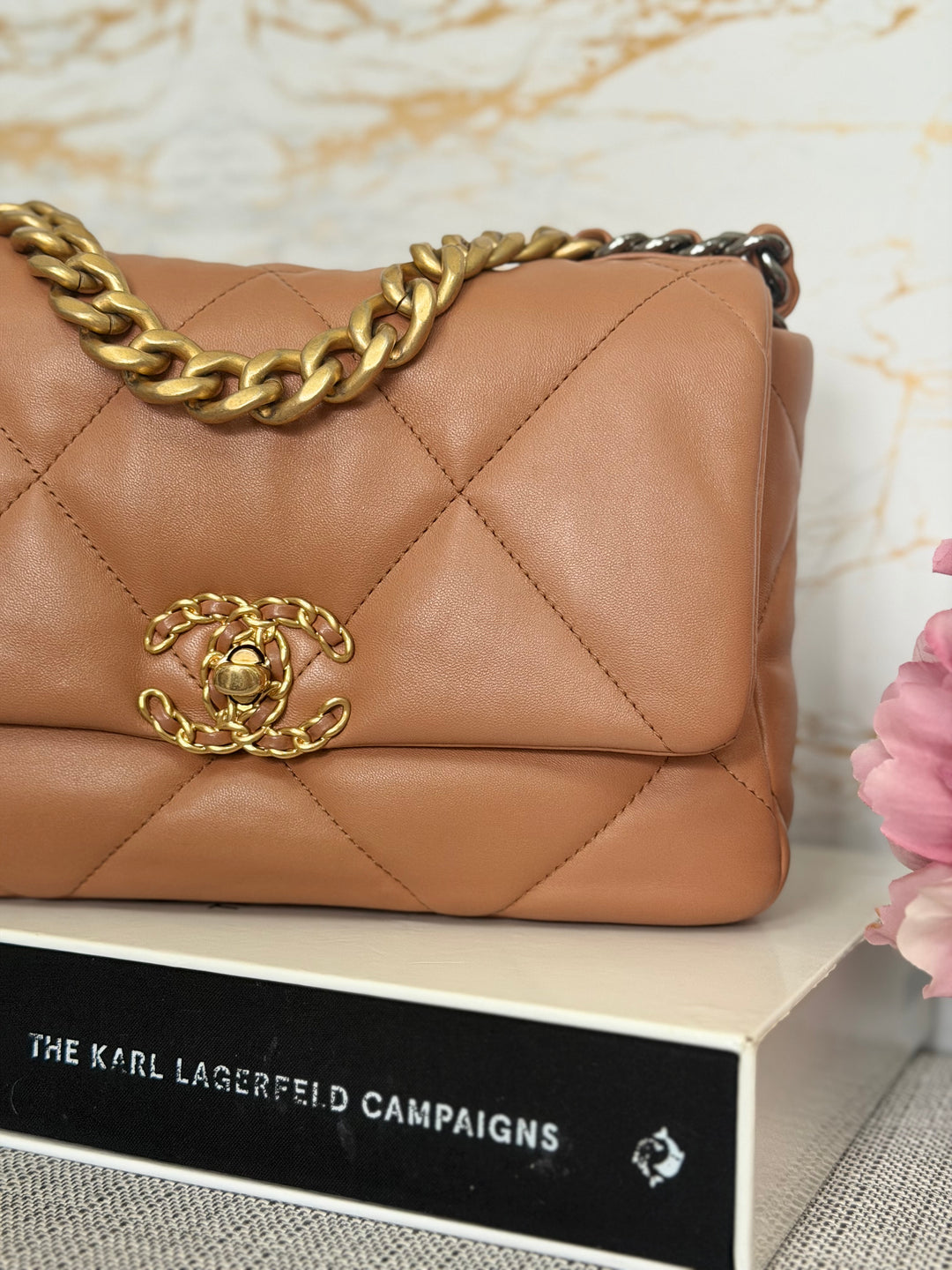 CHANEL Caramel Brown Lambskin Mixed Hardware 19 Flap Bag size SMALL 2022
