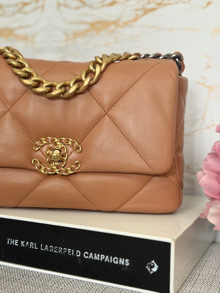 CHANEL Caramel Brown Lambskin Mixed Hardware 19 Flap Bag size SMALL 2022