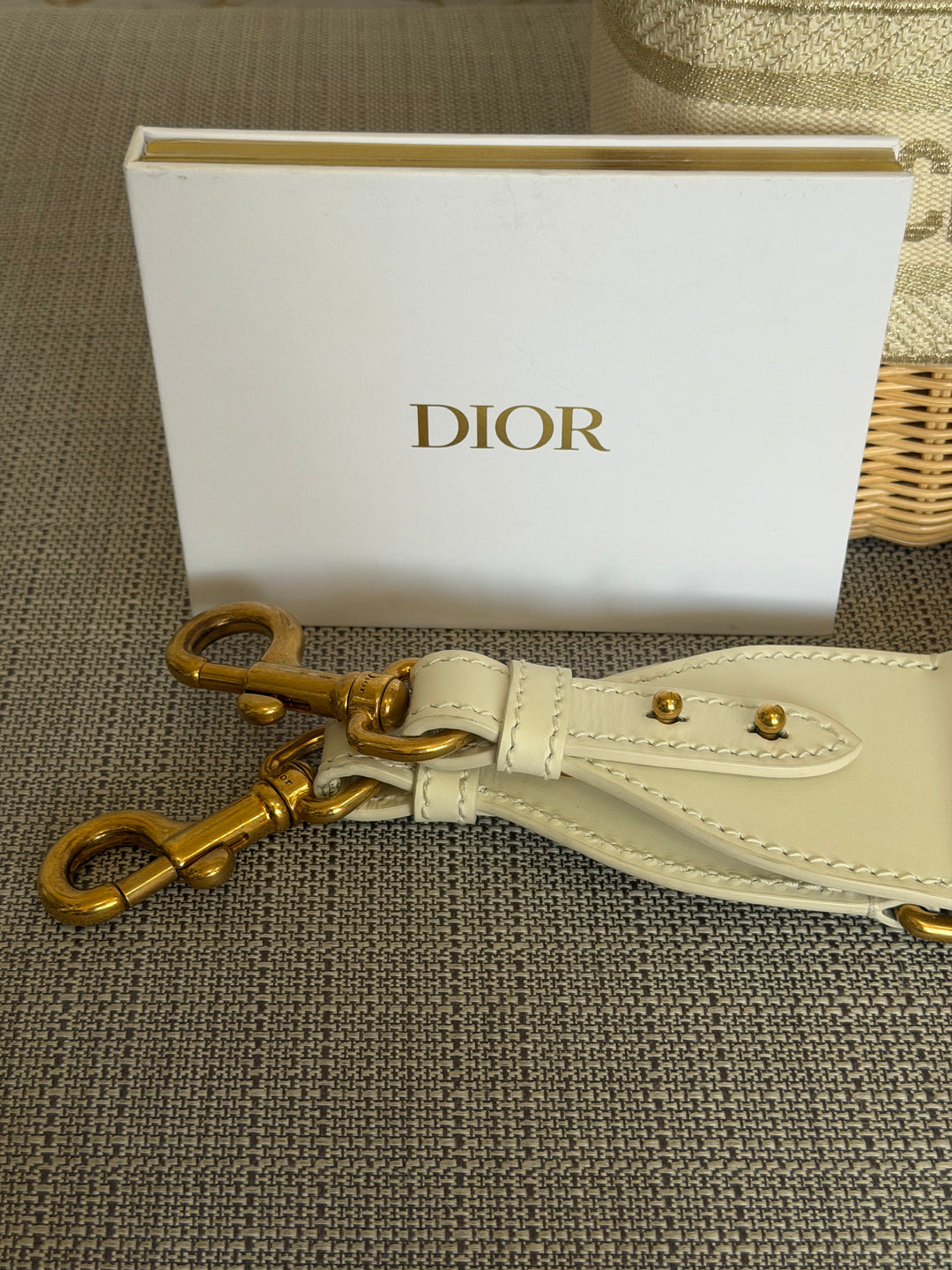 DIOR Lady Dior White/Gold Wicker Bag size SMALL with Guitar Strap