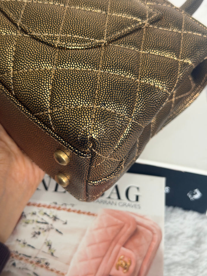 CHANEL series 28 19A Metallic Bronze Gold Caviar Aged GHW Coco Handle Flap Bag size SMALL with detachable shoulder strap 2019