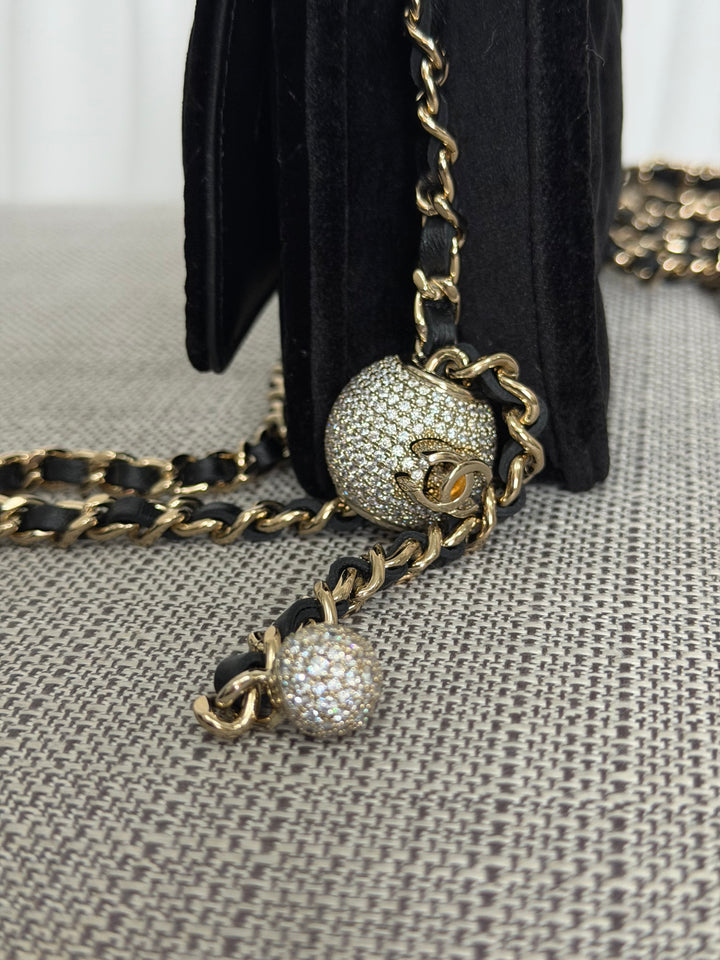 CHANEL 2025 Black Velvet Crystal Pearl Crush Adjustable Strap Wallet on Chain (WOC)