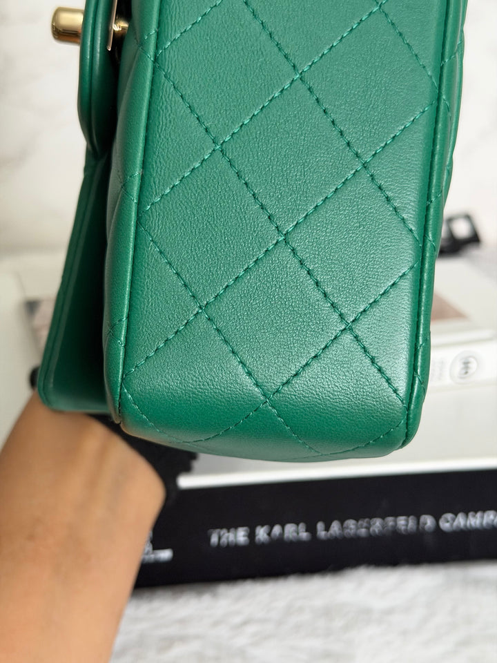 CHANEL Green Lambskin LGHW Mini Rectangular Flap Bag with Top Handle 2022 22A collection