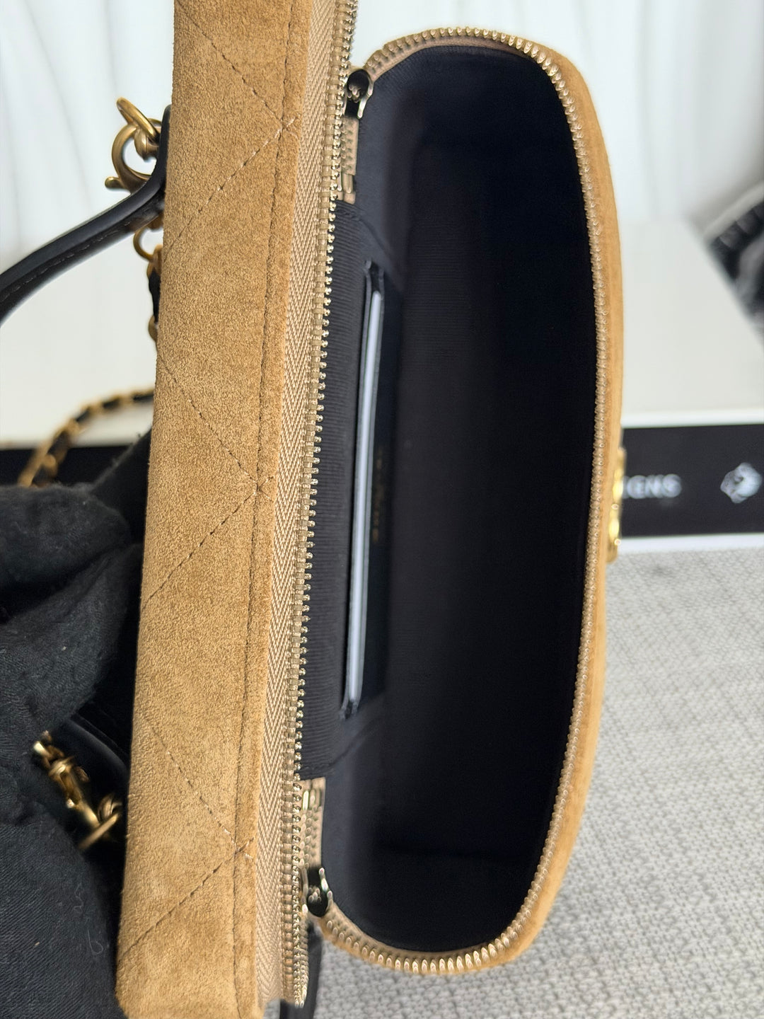 CHANEL 26S Beige Suede Black Calf skin aged GHW Long Vanity Case with Detachable Chain and top handle 2026