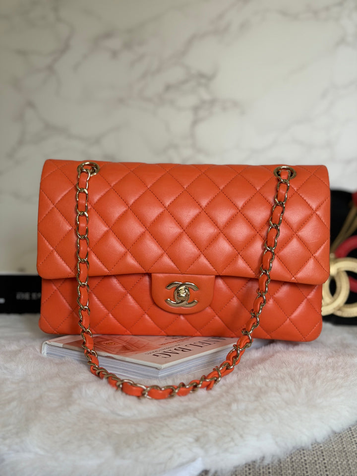 CHANEL 20S Orange Lambskin LGHW Medium ML Timeless Classic Double Flap Bag