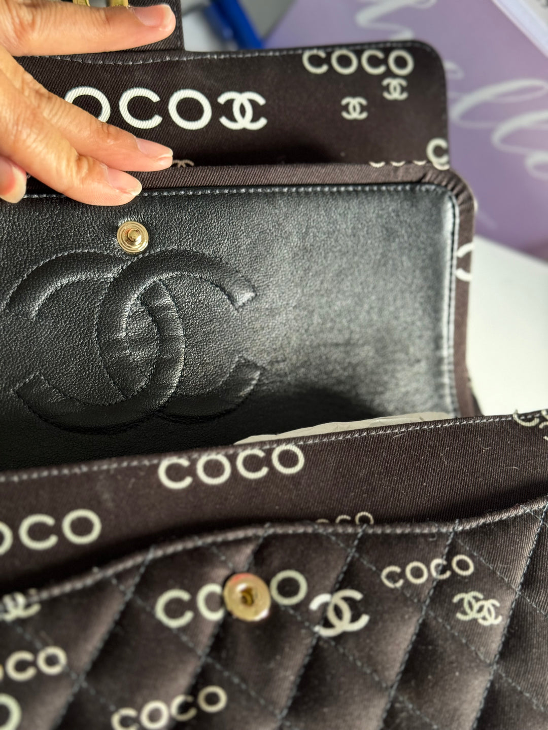 Chanel series 7 2002/2003 Black Canvas Quilted COCO Medium Classic Flap Light Gold Hardware