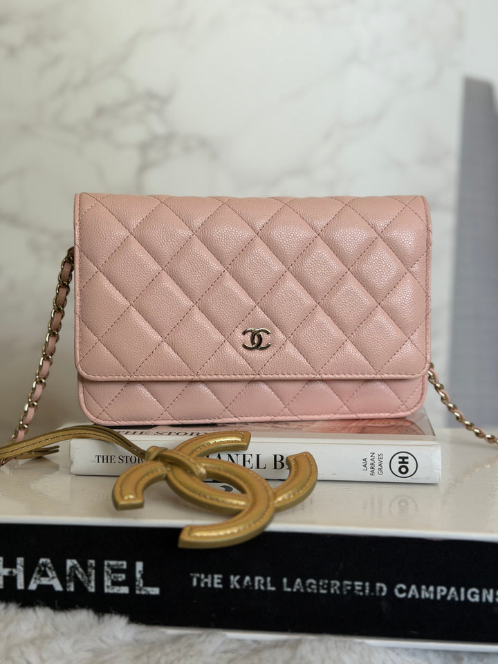 CHANEL Light pink/Nude pink caviar LGHW Classic Wallet on chain (WOC) 2024