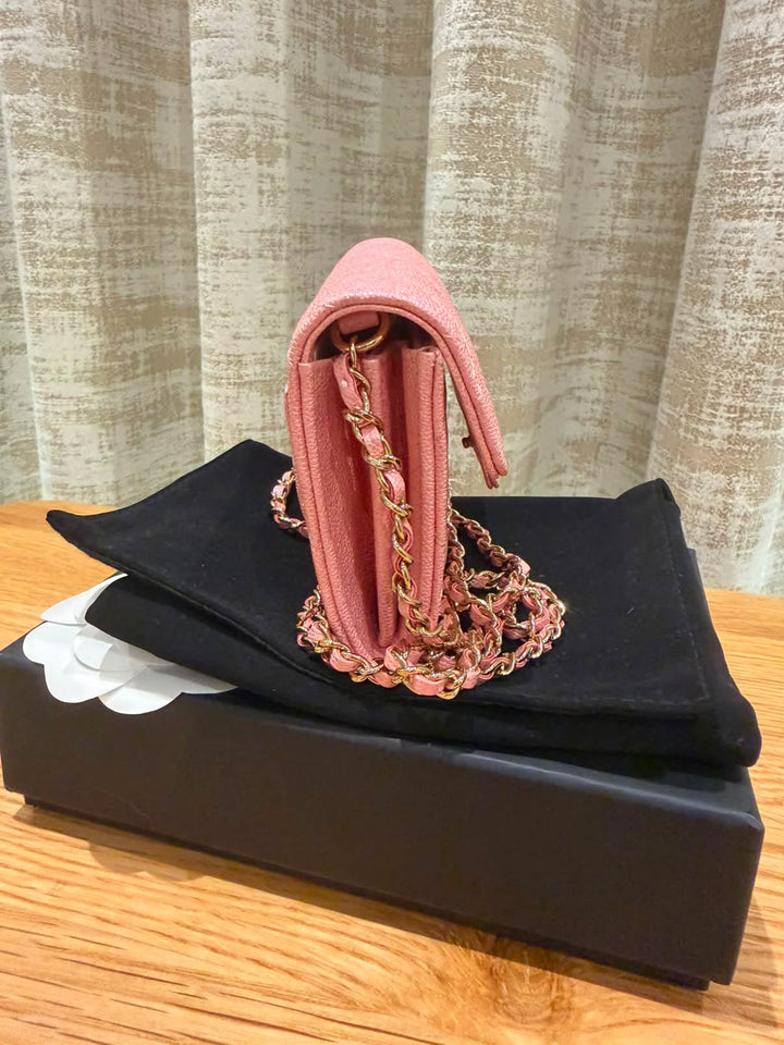 CHANEL 19S Iridescent pink caviar LGHW Card Holder with Chain 2019 series 27