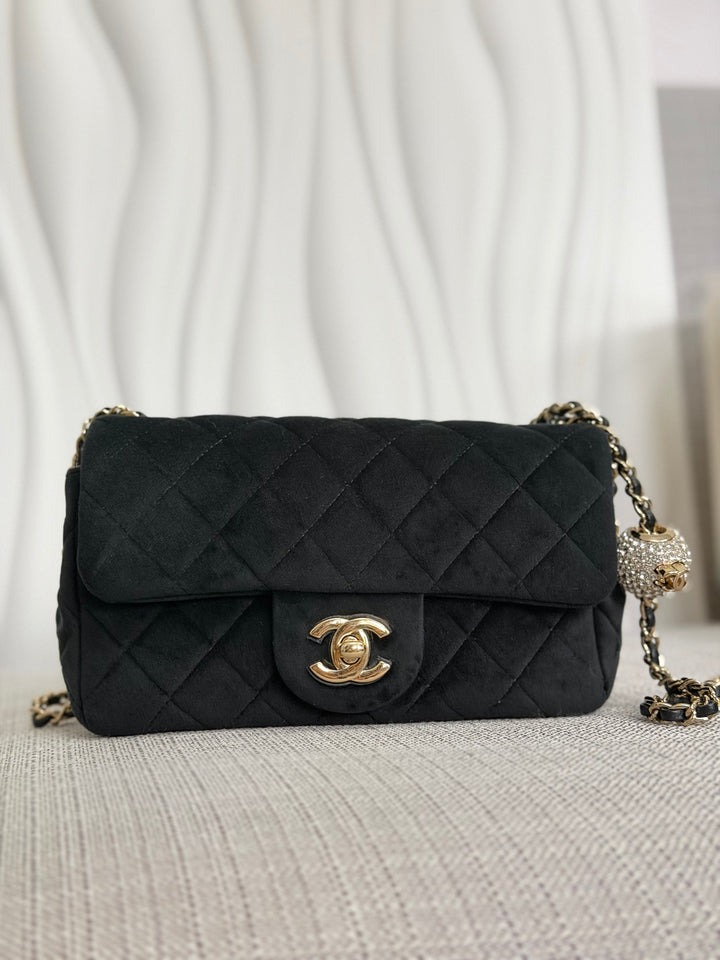 CHANEL series 30 2020 20K collection Black Velvet Crystal Pearl Crush Adjustable Strap LGHW Mini Rectangular Flap Bag