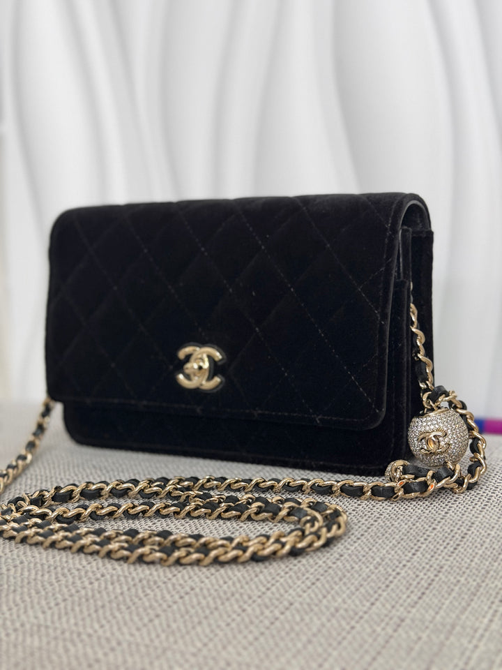 CHANEL 2025 Black Velvet Crystal Pearl Crush Adjustable Strap Wallet on Chain (WOC)