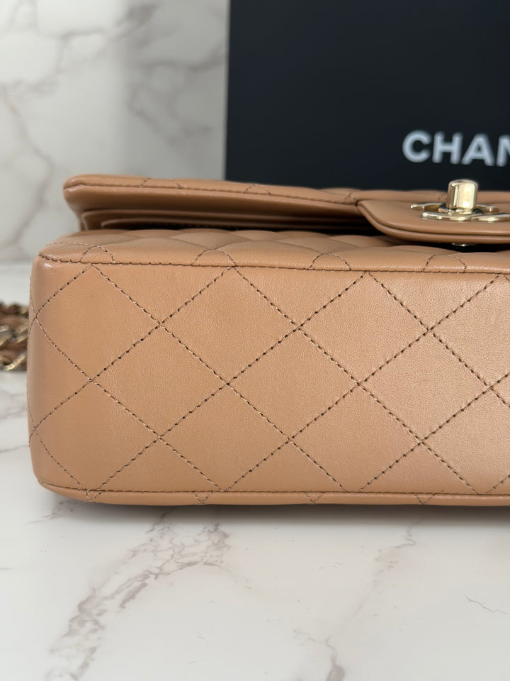 CHANEL 22K 2022 Dark Beige Lambskin LGHW Medium ML Timeless Classic Double Flap Bag