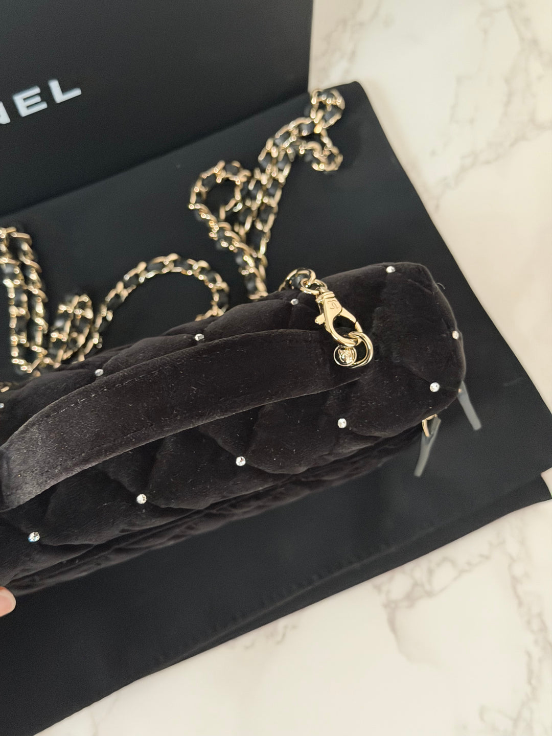 CHANEL 25K 2025 Black Velvet Diamanté Long Vanity with Detachable chain LGHW