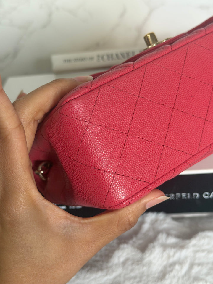 CHANEL 17C series 23 Pink Caviar LGHW Mini Rectangular Flap Bag with edge stitching 2016/2017