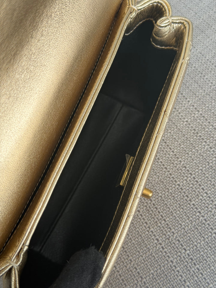 CHANEL Gold Metallic Lambskin CC Crystal Logo Chain Flap Bag 2022