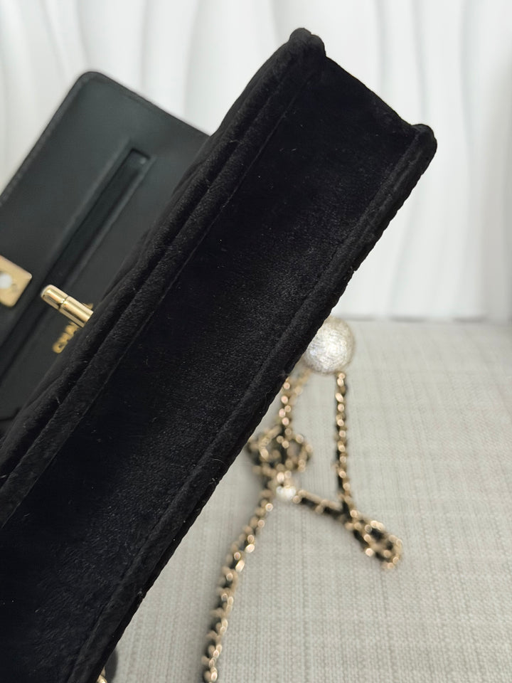 CHANEL 2025 Black Velvet Crystal Pearl Crush Adjustable Strap Wallet on Chain (WOC)
