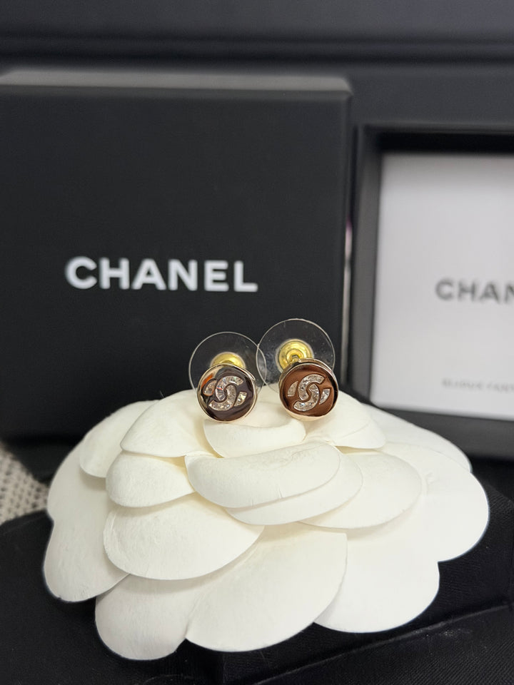 CHANEL 2024 Light Gold Round Earrings with Crystals 0.5 cms diameter