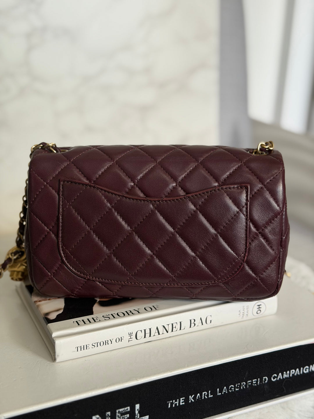 CHANEL 21B Burgundy Lambskin Aged GHW Pearl Crush Mini Rectangular Flap Bag 2021