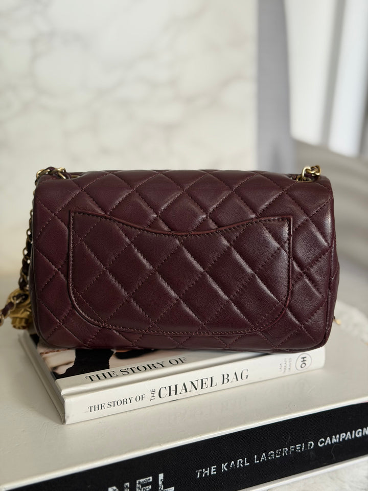 CHANEL 21B Burgundy Lambskin Aged GHW Pearl Crush Mini Rectangular Flap Bag 2021