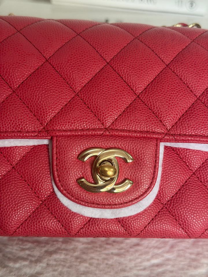 CHANEL 17C series 23 Pink Caviar LGHW Mini Rectangular Flap Bag with edge stitching 2016/2017
