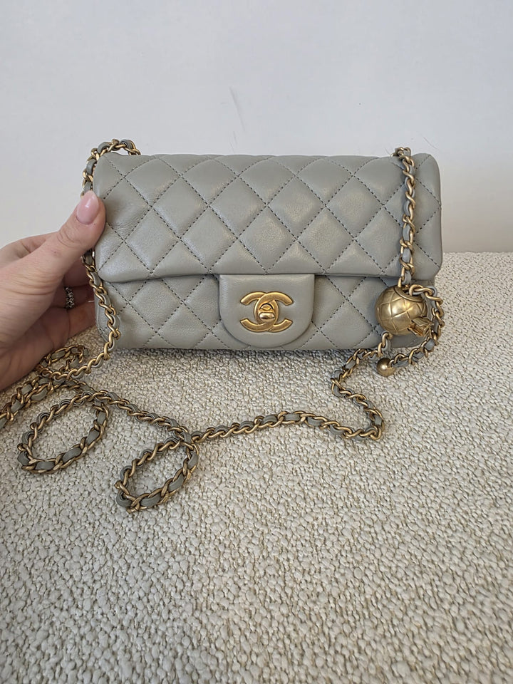 CHANEL Grey Lambskin Adjustable Chain Pearl Crush Mini Rectangular Flap Bag with Aged GHW