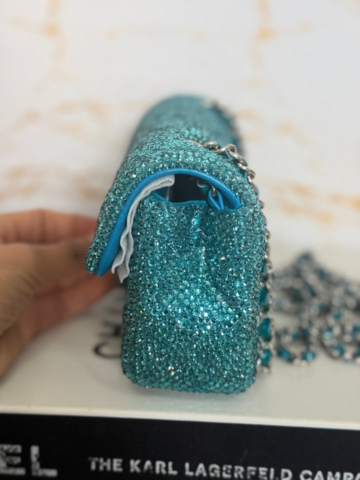 CHANEL series 21 Turquoise Teal Green Blue Diamanté Swarovski Crystal Strasssd Extra Mini Flap Bag with SHW *unicorn* RARE
