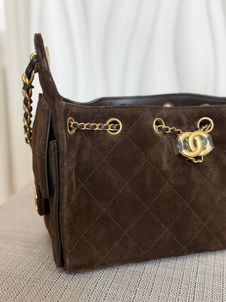 CHANEL 26C collection 2025/2026 Brown Suede Leather Mini 25 Hobo Bag with aged GHW