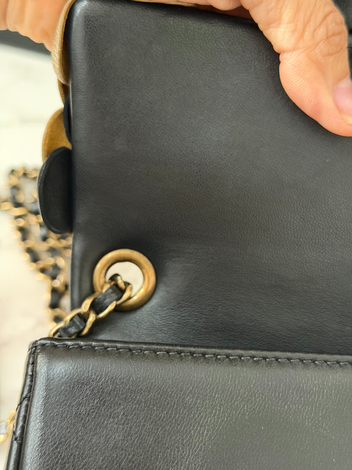 CHANEL series 21 Black Metallic Gold Camellia Flower Lambskin Mini Rectangular Flap Bag with Vintage GHW