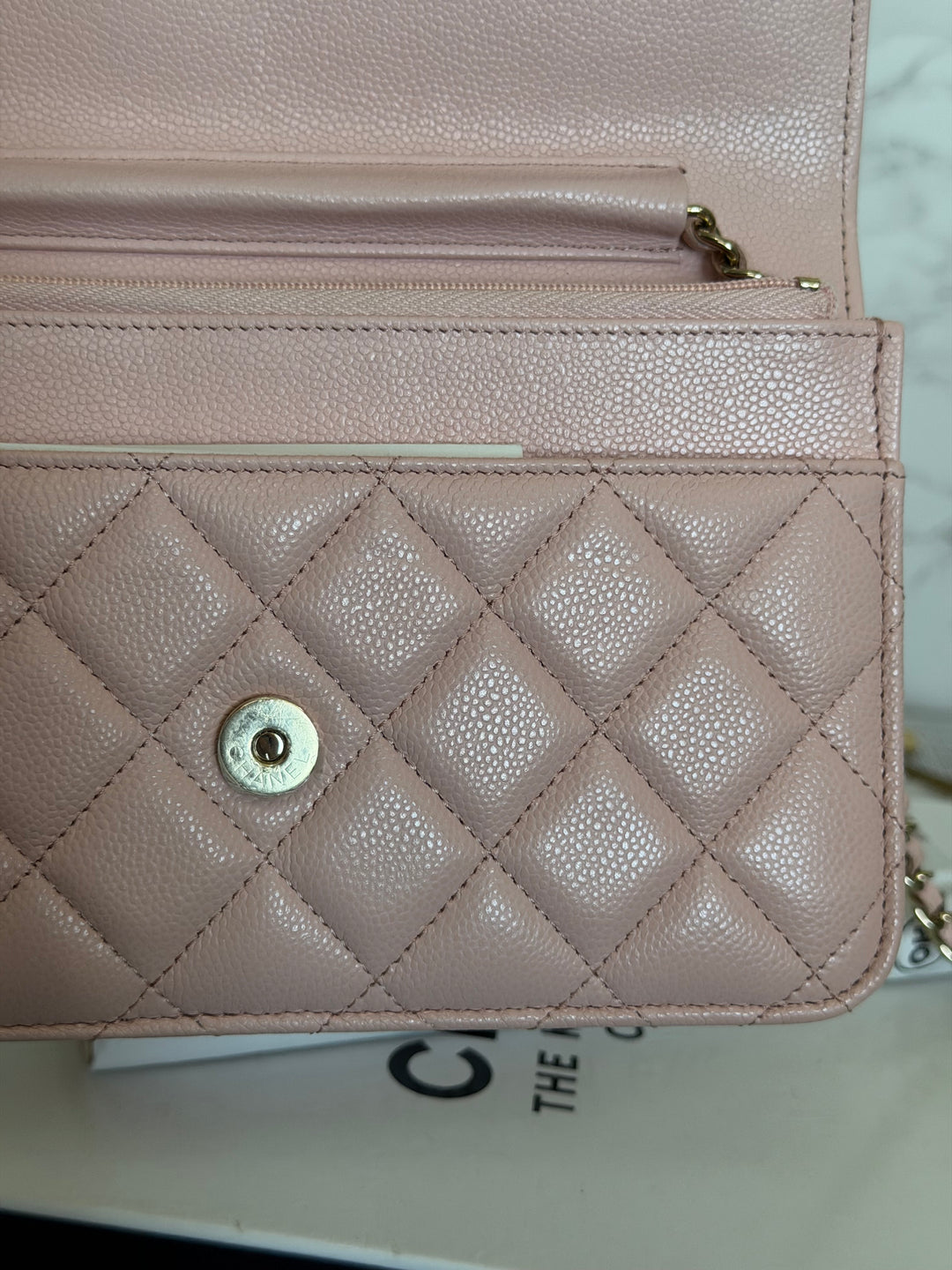 CHANEL Light pink/Nude pink caviar LGHW Classic Wallet on chain (WOC) 2024