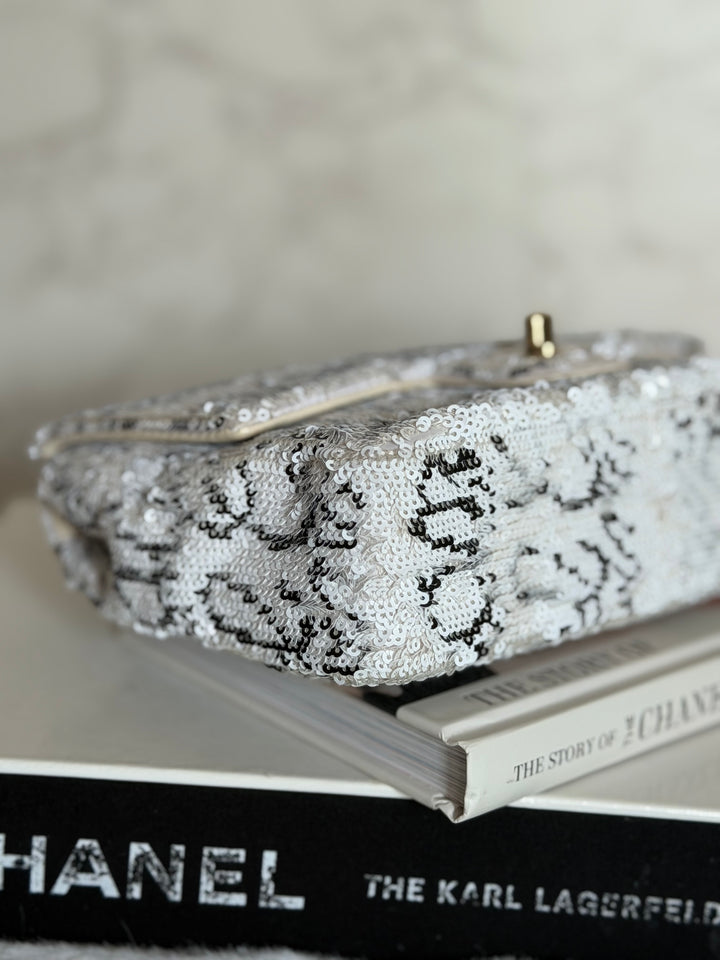 CHANEL 22C White and Black Sequin SMALL Flap Bag LGHW 2022