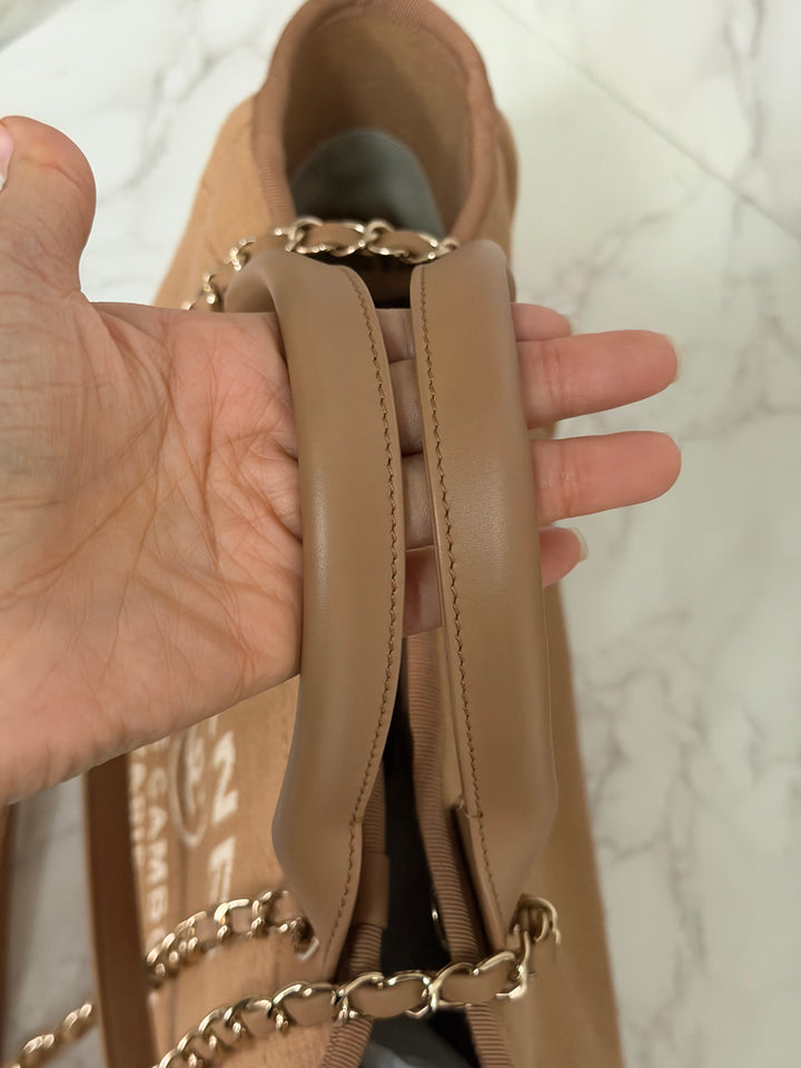 CHANEL 24P collection 2024 Beige Tweed Deauville Tote size Small with top handle LGHW and pouch