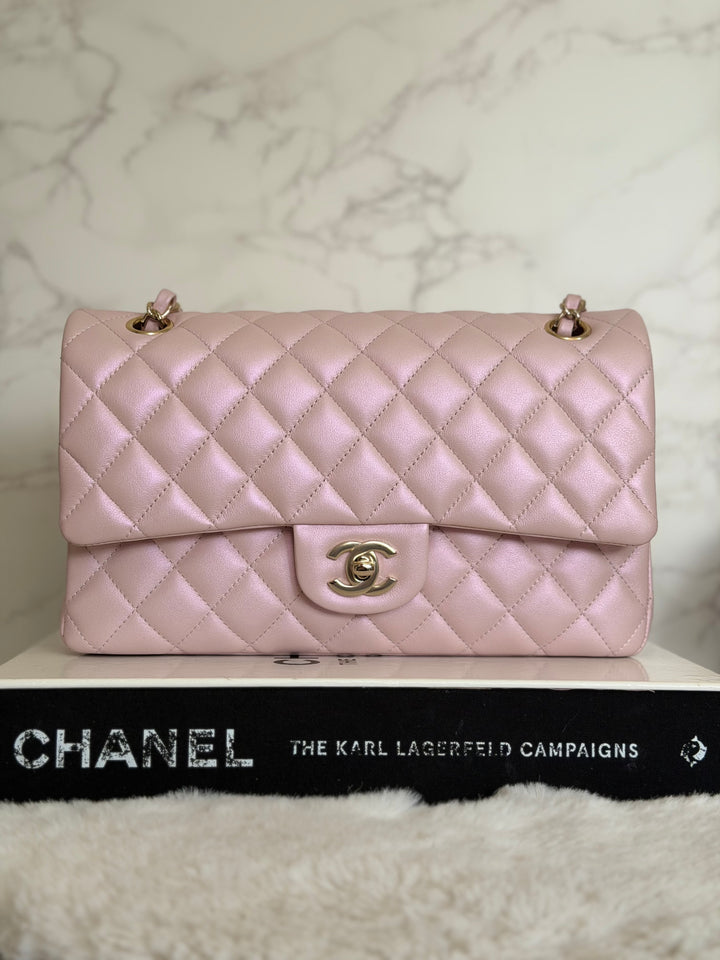 CHANEL 21S iridescent Pink Calf Skin LGHW Medium ML Timeless Classic Double Flap Bag series 31 2021