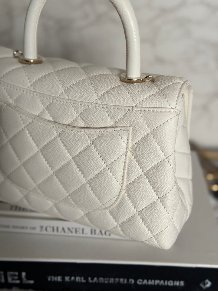 CHANEL White Caviar LGHW Coco Handle Flap Bag Size SMALL with detachable Strap Microchipped