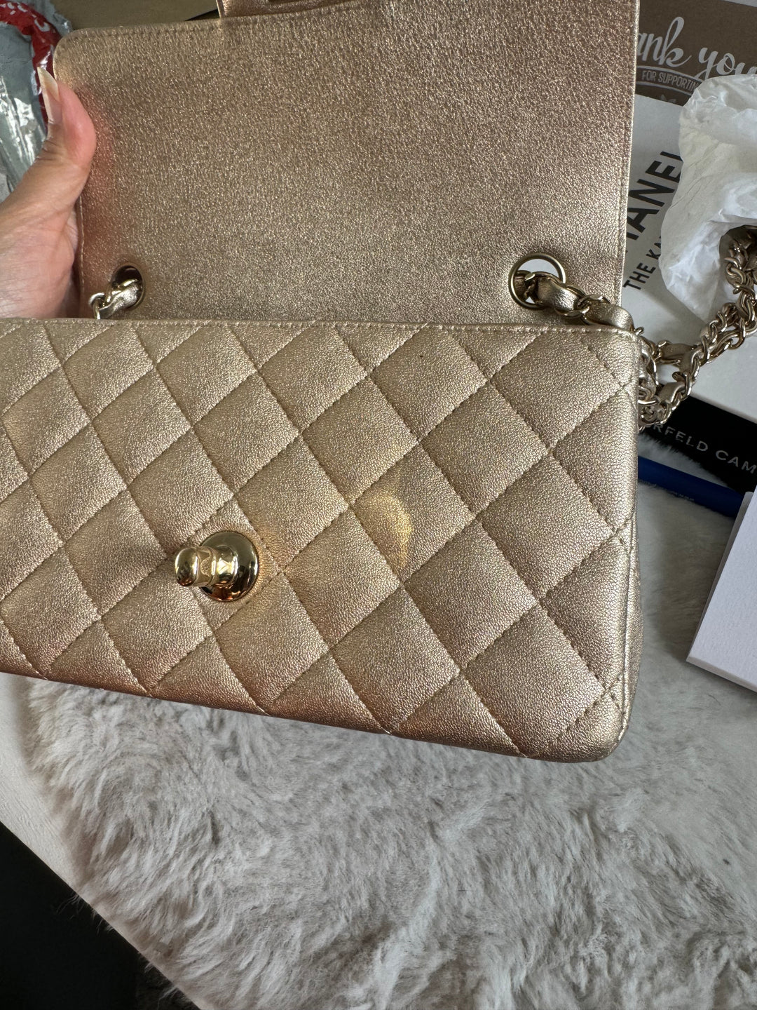 Chanel 21P series 31 Iridescent Gold Lambskin LGHW Mini Rectangular Flap Bag