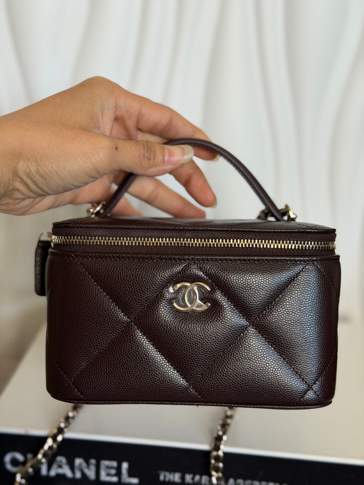 CHANEL 26S Dark Brown Caviar LGHW Small Vanity Case with Top Handle