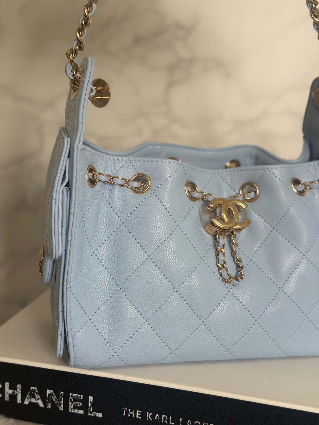 CHANEL 26B Light Sky Blue Caviar shiny GHW 25 Mini Hobo Bag 2026