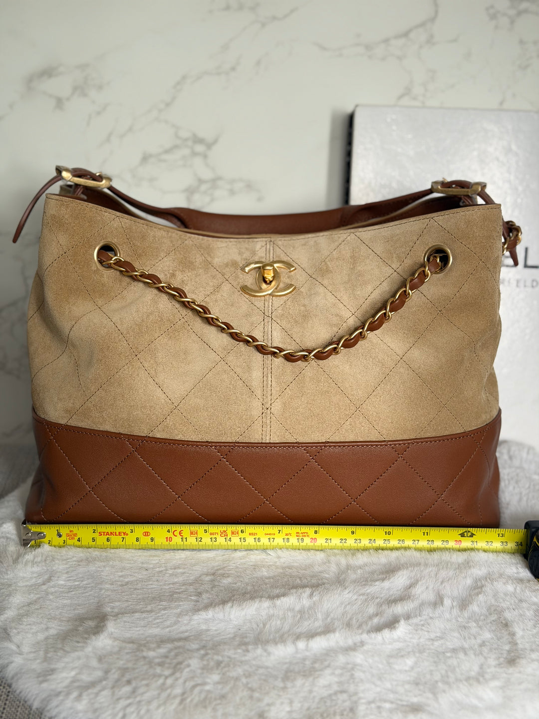 CHANEL 26S Beige Suede and Brown Leather Shopping Tote Bag 2026 size Small